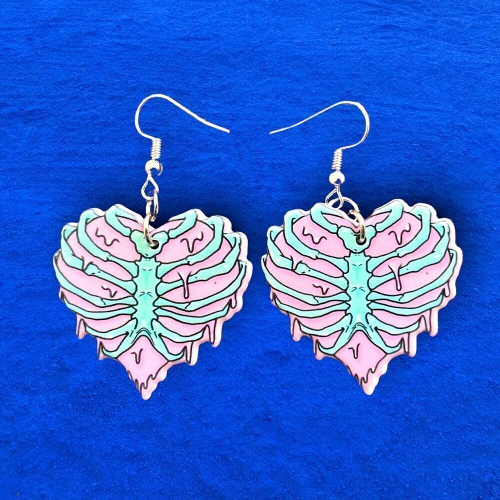 New Melting Heart Ribcage Skeleton Drop Earrings Pastel Goth Horror Love